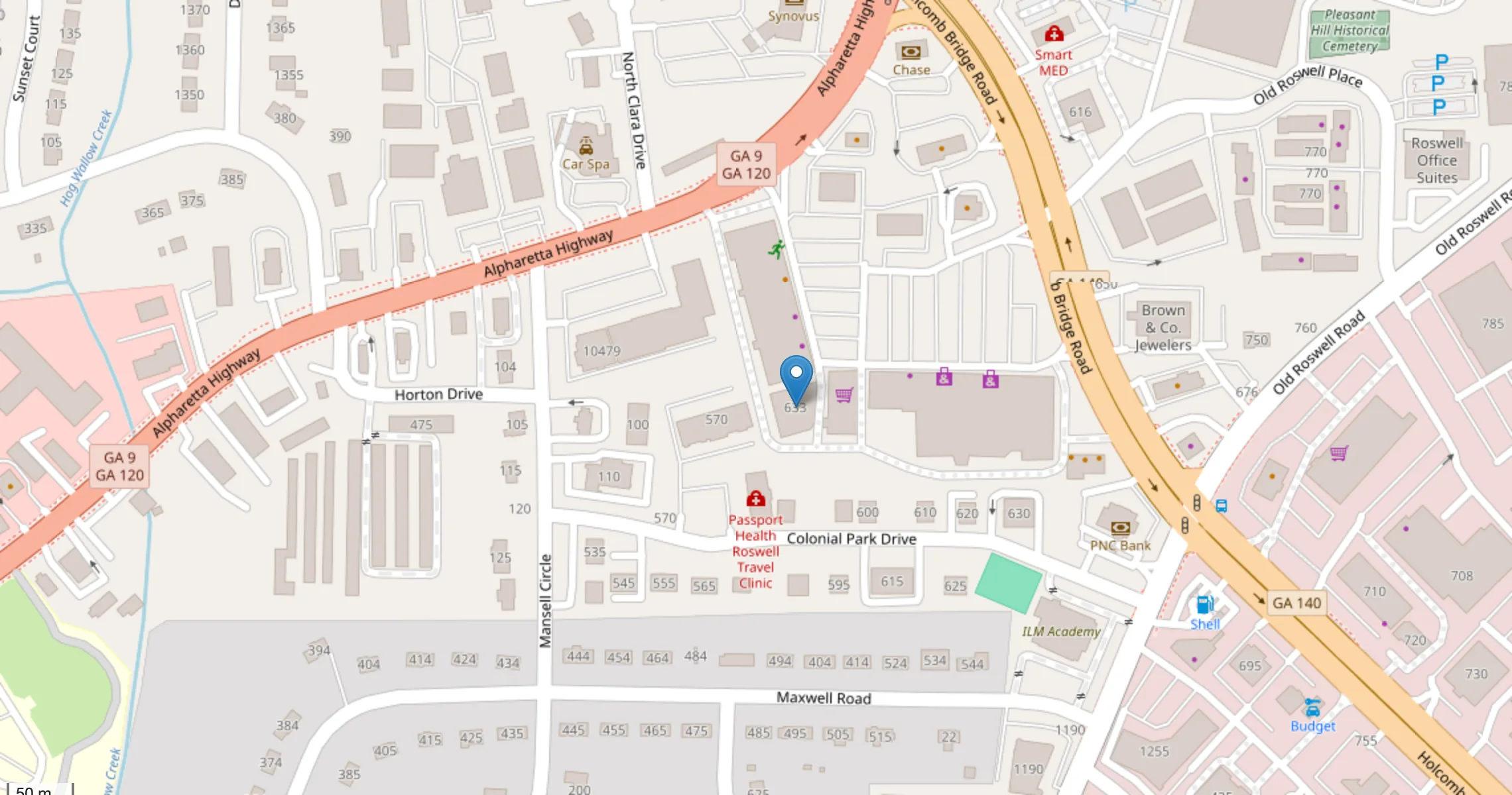 Map showing Park Ave Cosmetic Center at 633 Holcomb Bridge Rd, Suite A, Roswell, GA 30076